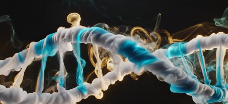 Abstract D N A helix formation with swirling blue and gold smoke particles on black background science and technology concept