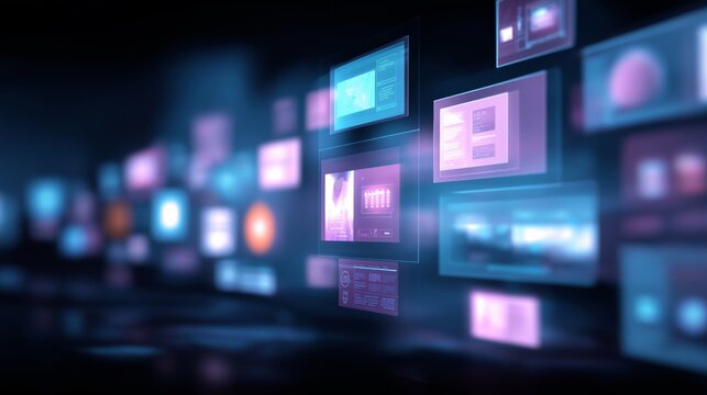 Multiple holographic interface panels in layered digital space with neon light