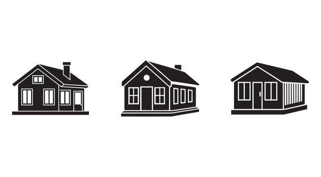 Set of simple black house silhouettes with white outlines on white background  residential buildings