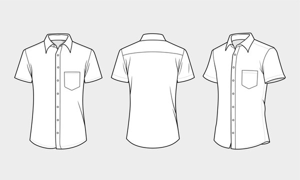 Technical Drawing of a Short Sleeve Button-Front Shirt with Front, Back, and Side Views