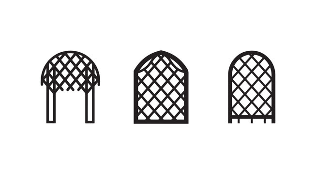 Set of three black metal archway gates with lattice pattern and different shapes for garden or entrance decoration  various designs
