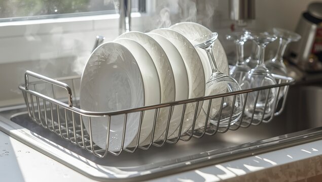 Mujer realizando tareas dom&eacute;sticas en la cocina lavando loza y ropa con lavavajillas y cesta de colada en un hogar familiar limpio y ordenado con utensilios y limpiadores abiertos