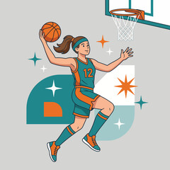A vibrant illustration of a female basketball player in mid-air, showcasing her skills as she prepares to make a slam dunk, surrounded by stylish graphic elements. © Jie