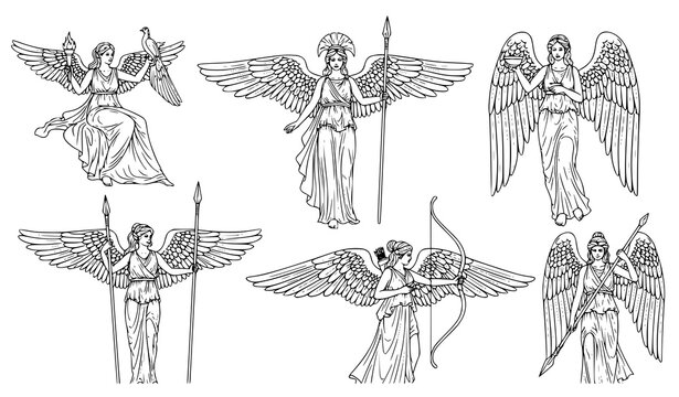 Classical winged female figures Greek mythology line art vector