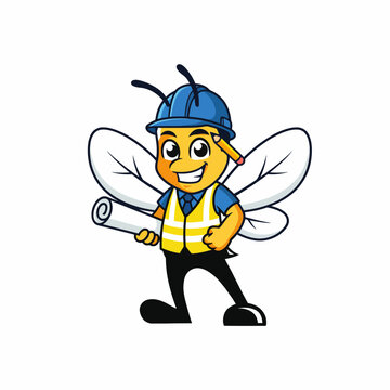This image showcases a cartoonish bee in a construction outfit, complete with a helmet and safety vest, showcasing its readiness for work with a blueprint in hand.