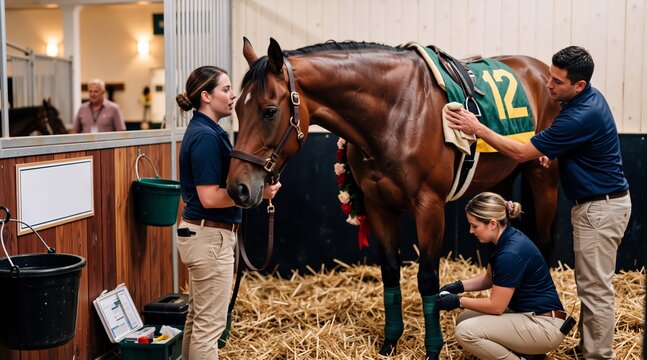 Team of equine professionals caring for a winning brown racehorse in a stable. Caretakers wrapping legs and grooming champion horse wearing a rose garland and number 12 saddle towel