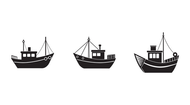 Set of three different fishing boats with distinct designs and features for maritime or nautical use