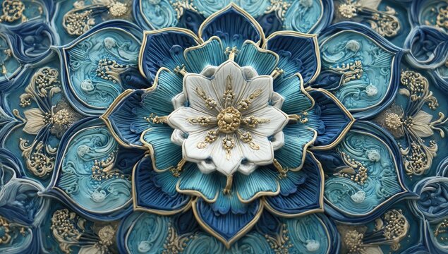 Intricate, floral mandala with layered teal and gold, ornate details