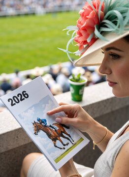 Elegant woman wearing floral fascinator hat reading horse racing event program. Female spectator holding 2026 booklet at crowded racetrack grandstand