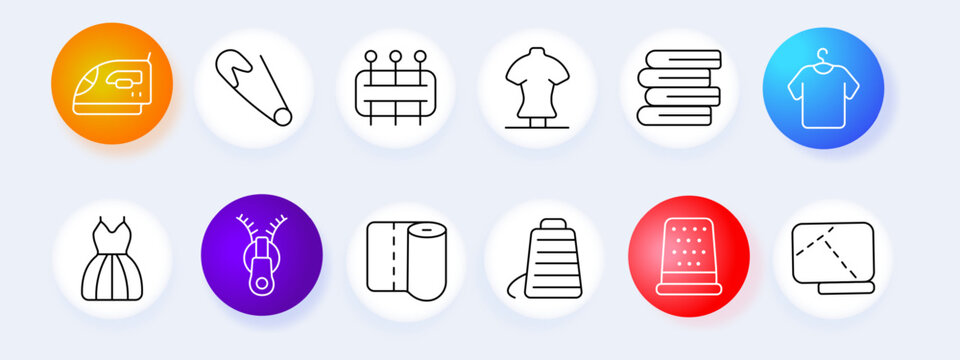 Sewing tailoring set icon. Iron pin board dress fabric hanger thread zipper roll basket thimble screen line icons minimal outline style clothing craft objects collection.