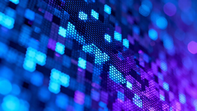 Abstract macro view of a digital display featuring glowing blue and purple diodes, revealing intricate RGB pixel structure, shimmering light patterns, and a futuristic electronic texture suitable for 