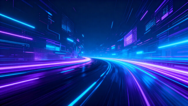 Panoramic high speed technology concept showing dynamic motion on a glowing road with vibrant neon blue and purple lights, creating an abstract futuristic background ideal for digital interfaces, gami