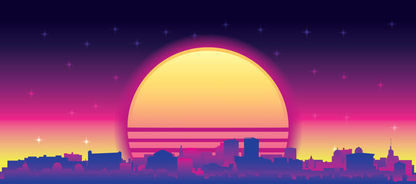 Purple generic retro futuristic synthwave panoramic poster of the city skyline with misty background sunset buildings of ZAGREB, CROATIA