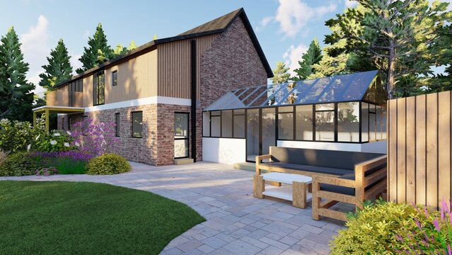 3D render of a modern brick house featuring a glass sunroom and stone patio with outdoor furniture in a garden