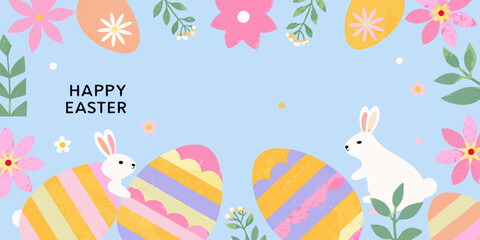 Naklejka premium Festive easter illustration with colorful eggs bunnies and floral decorations