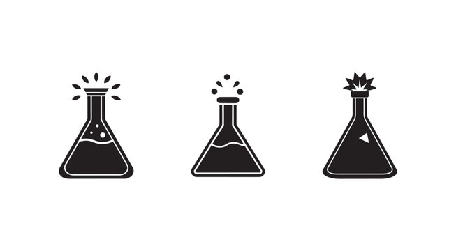 Three black and white chemistry beakers with different reactions and liquids inside conical flasks