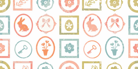 Fototapeta premium Repeating pattern of vintage framed illustrations with easter and floral motifs