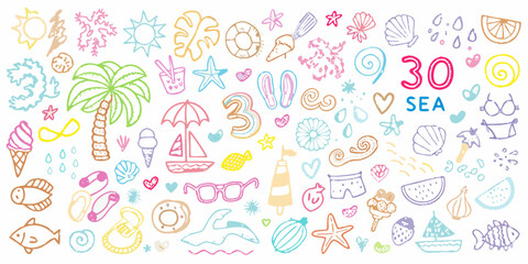 Naklejka premium Colorful hand drawn summer doodles featuring beach and tropical elements