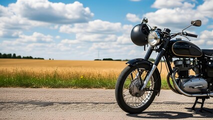 Fototapeta premium Classic Motorcycle Parked on Country Road Beside Golden Field
