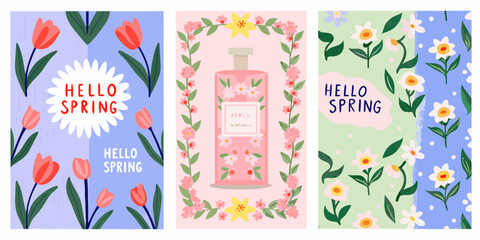 Floral spring banners with perfume bottles and cheerful greetings © Bithi