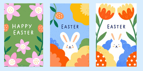 Colorful easter banners featuring flowers rabbits and festive greetings © Bithi