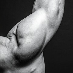 Fototapeta premium Close-up of muscular male arm flexing in dramatic black and white lighting