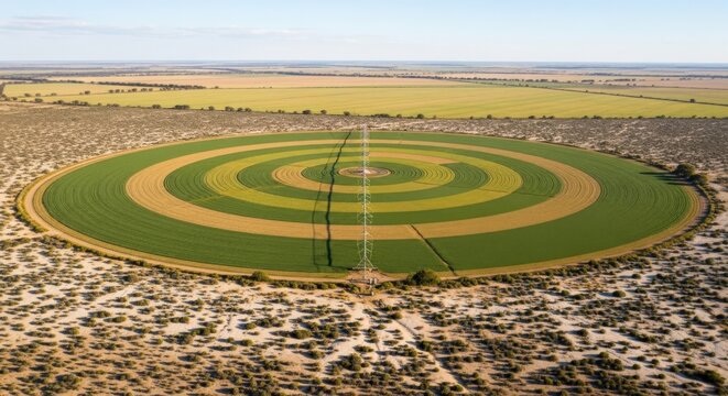 Aerial view of a vast circular agricultural field with center-pivot irrigation in an arid desert landscape, showing concentric patterns of green crops.