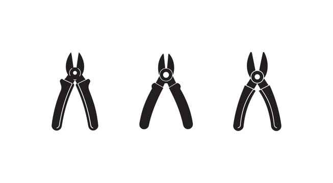 Three black and white illustrations of nail clippers in different positions for nail care and grooming  clippers have two handles and blades for trimming fingernails and toenails