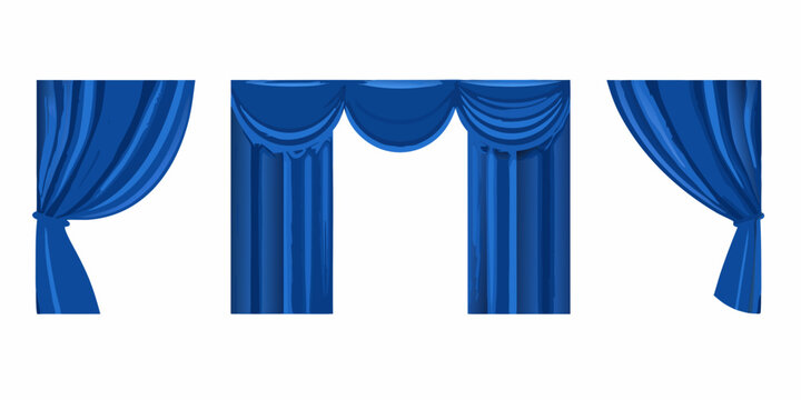 A set of three royal blue curtains with draped and gathered folds
