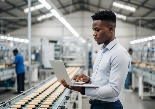 Man using laptop near production line in industrial setting for analysis