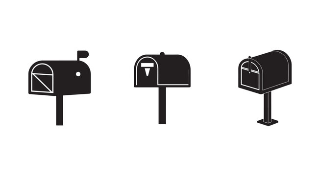 Three black and white mailboxes on posts in different angles and styles for postal service  mail delivery  communication