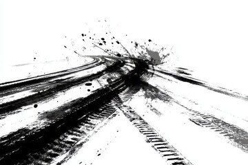 Obraz premium Black tire tracks marks with ink splatters isolated on white background