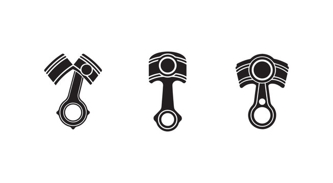 Three black and white piston engine parts in different orientations on white background  industrial machine components