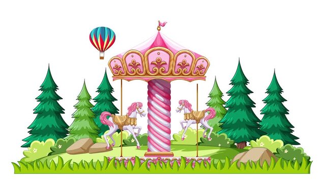 Animated Pink Carousel Spinning in a Forest with Hot Air Balloons