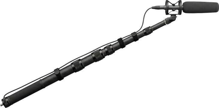 Professional shotgun microphone on boom pole isolated on transparent background