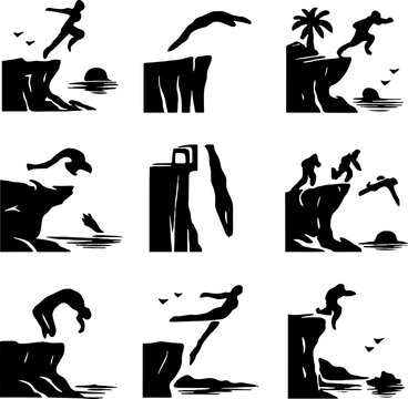black silhouettes of people jumping off cliff into water