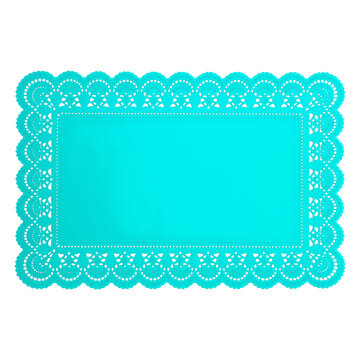 A bright turquoise rectangular lace doily with a decorative border of repeating patterns and a solid central area on a transparent background