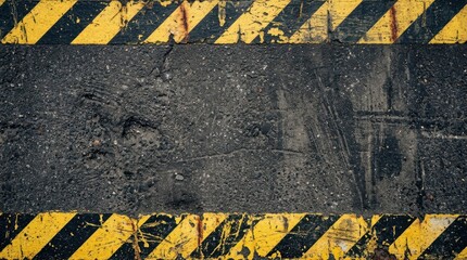 Fototapeta premium Hazardous yellow and black striped asphalt surface with rough texture and grunge details