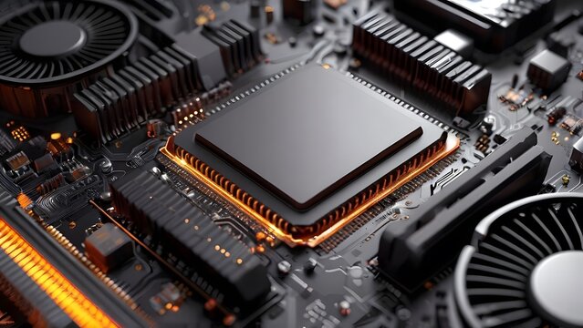 Advanced computer processor chip on a motherboard with fans