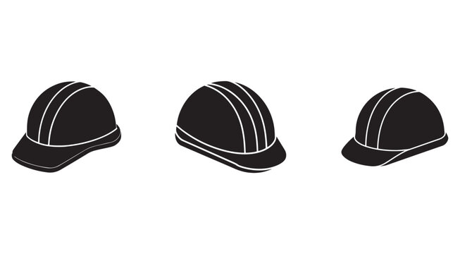 Three black hard hats with white outlines shown from different angles for construction safety  isolated on white background