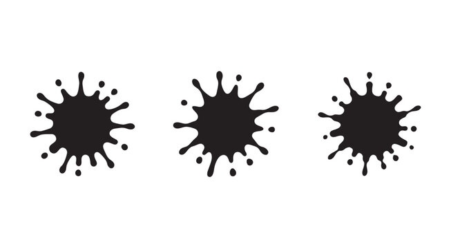 Three black ink splatters on white background  isolated inkblots  graphic design elements