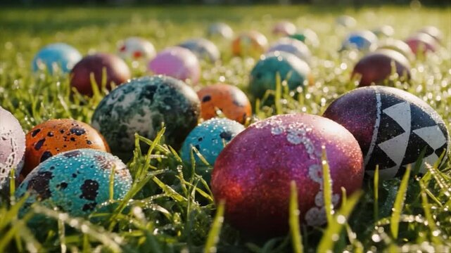 Easter eggs are hidden amongst green grass in a sunny outdoor scene with various colorful decorated eggs.