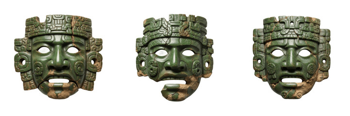 Set and collection of ancient Aztec jade masks and carved greenstone mosaic funeral masks isolated on white transparent PNG background © imageworld