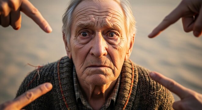 Old man surrounded by pointing fingers, conveying social pressure and isolation, mental health awareness concept showing stigma