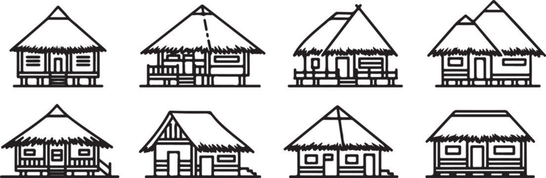 Black and white line drawings of various residential house designs Vector