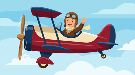 A cheerful pilot waves from a classic biplane soaring through a bright blue sky, capturing the spirit of adventure and the joy of flying in a whimsical cartoon style. © jinduo