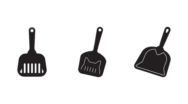 Three black silhouettes of cat litter scoop shovels with different designs on white background  simple icons for pet cleaning tools