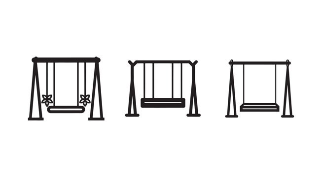 Three black silhouettes of different swings for kids playground equipment  outdoor recreational activities  swings with and without backrest