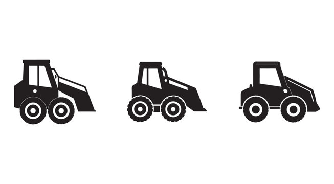 Three black silhouettes of different wheel loaders or frontend loaders in various positions and angles for construction or industrial use  side views