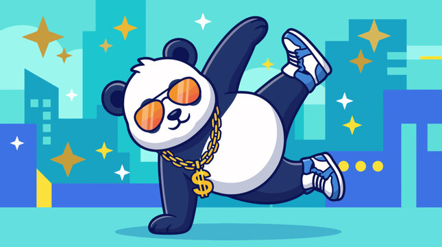 A trendy panda showcasing its stylish breakdancing moves, adorned with sunglasses and bling, embodies the spirit of fun and urban culture in a vibrant city backdrop.